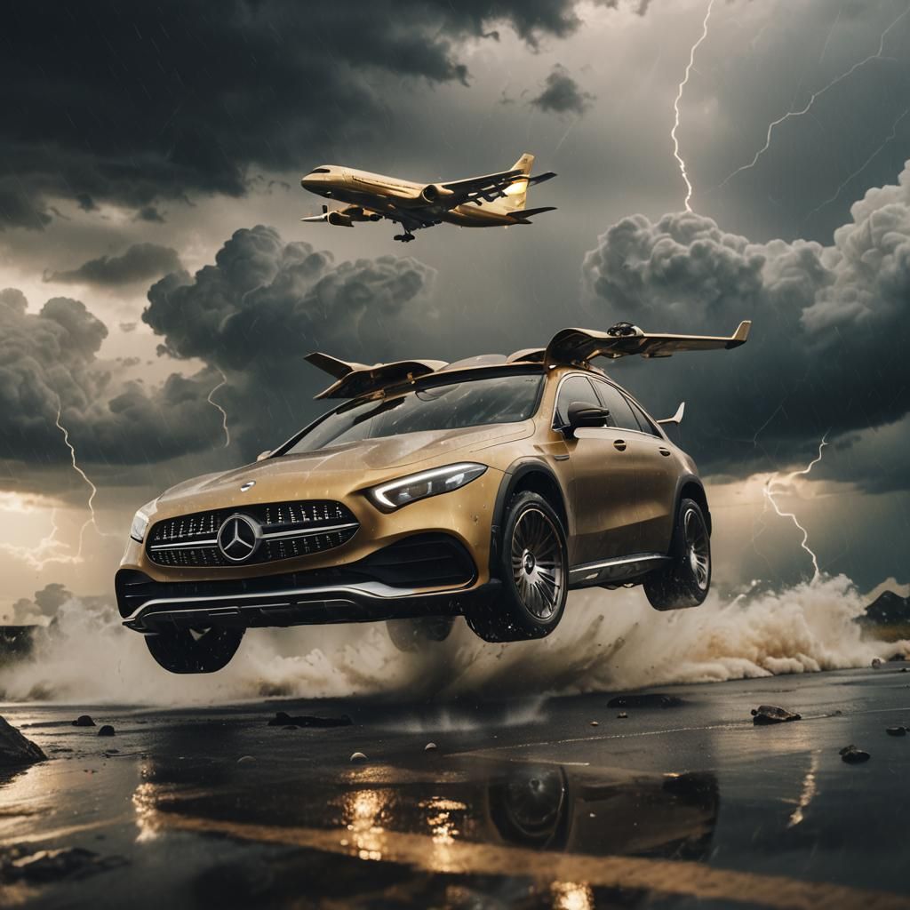 Futuristic Hybrid Mercedes Airplane in Stormy Sky