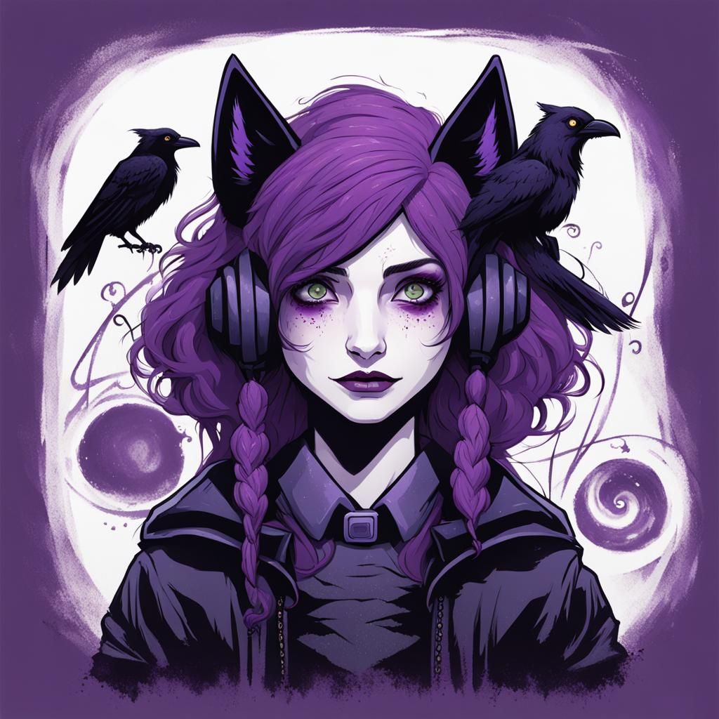 Purple Haired Wolf Person Holding Raven, Burton Style