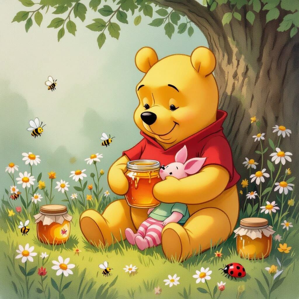 Winnie the Pooh and Piglet Enjoying Honey in Nature