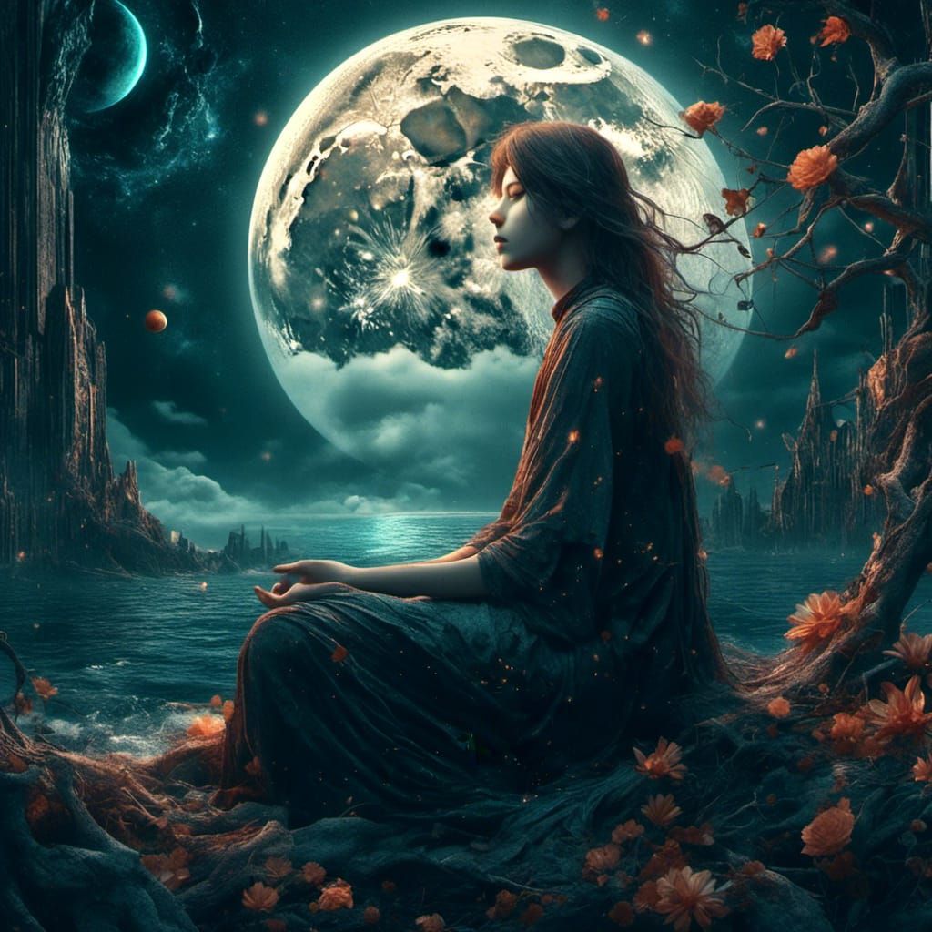Meditating Woman with Moon: Detailed Fantasy Art