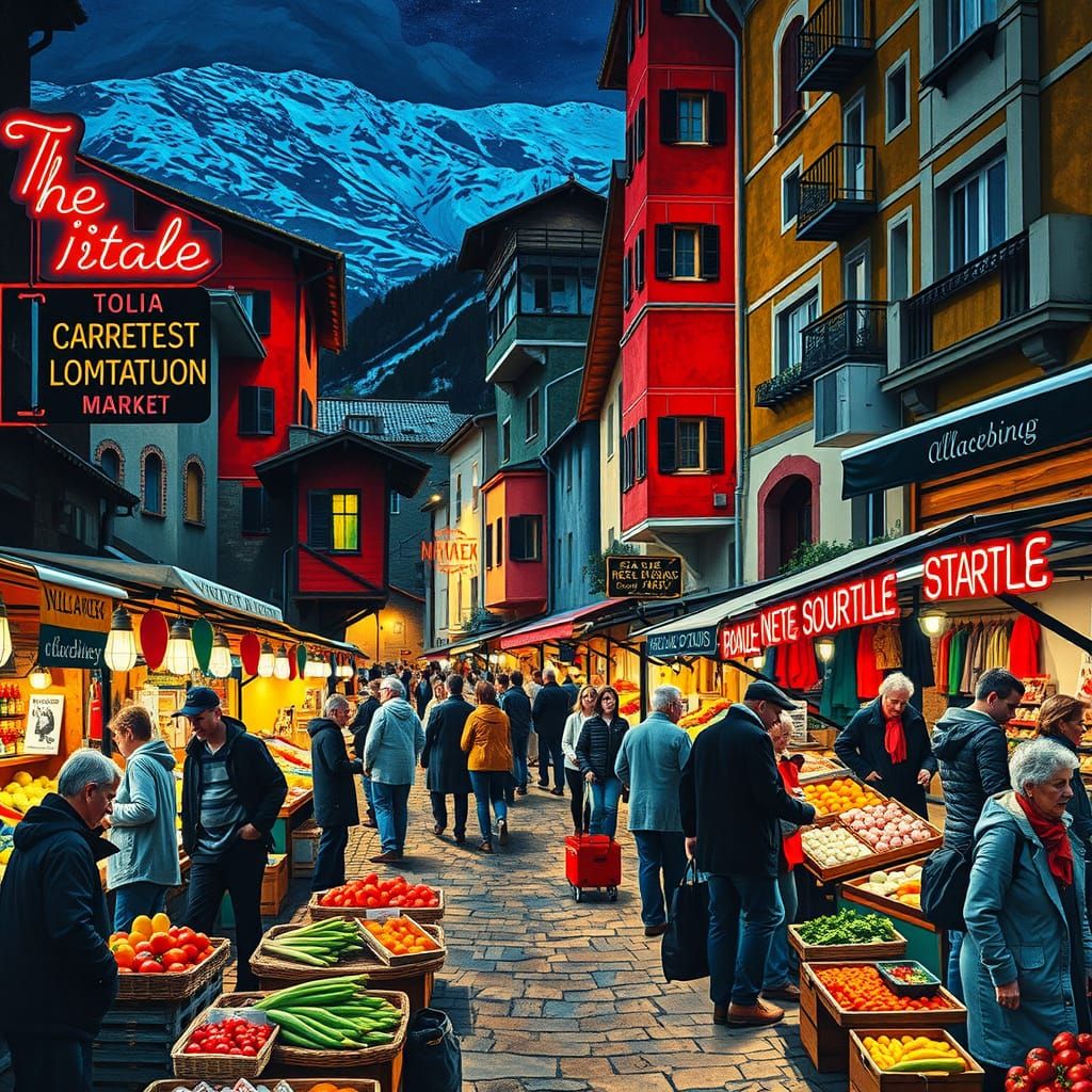 Vibrant Italian Mountain Night Market in Fauvist Style