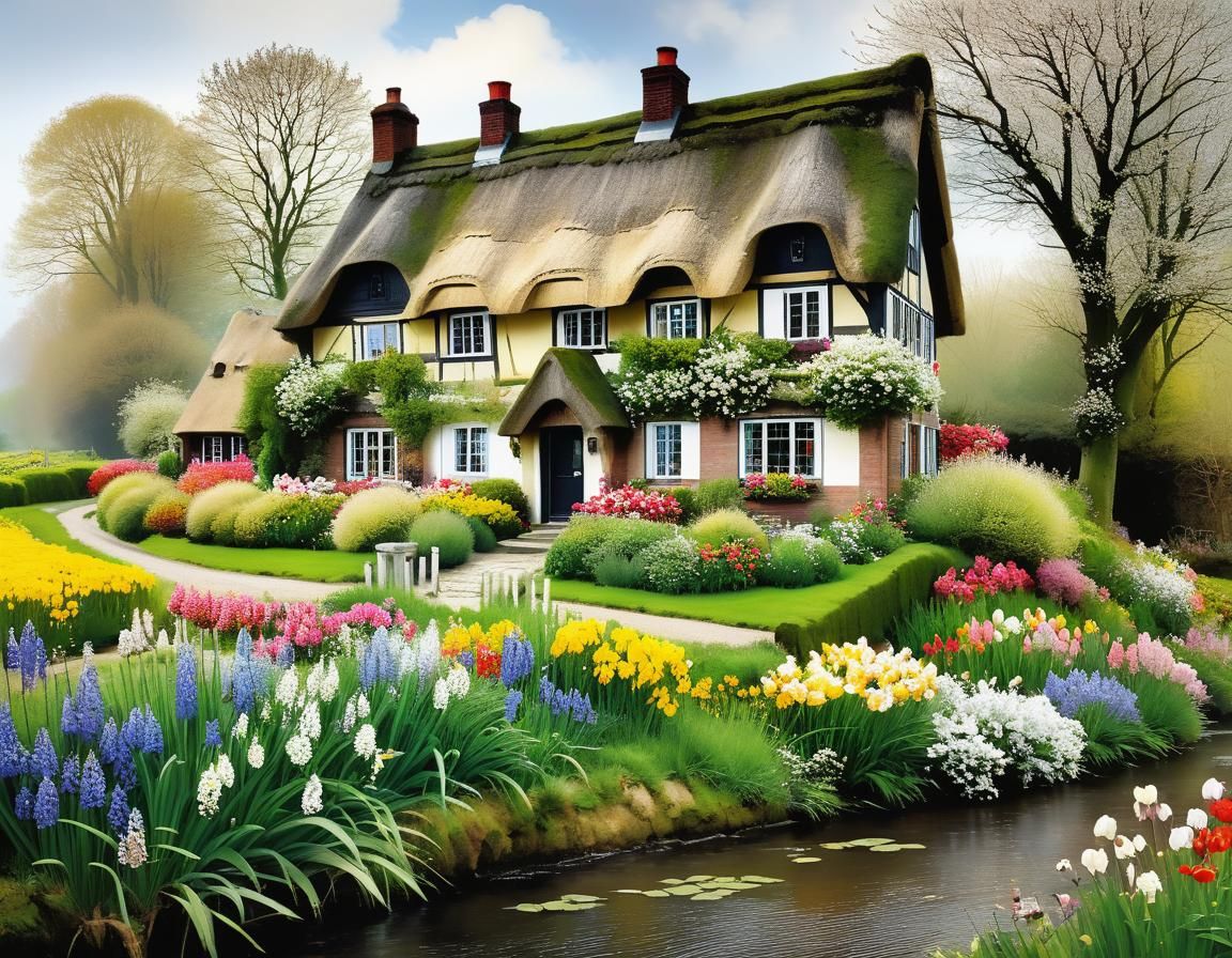 Idyllic Thatched Roof House with Spring Garden
