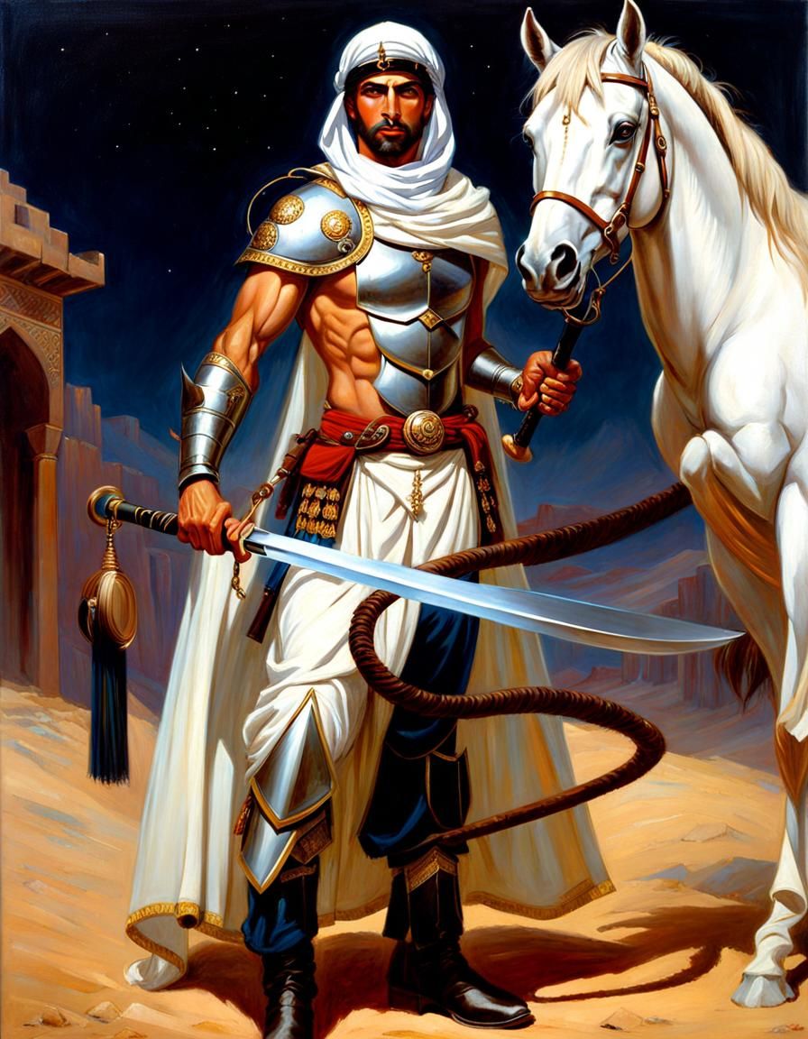 Arabian Warrior with Saber in Oil Painting Style