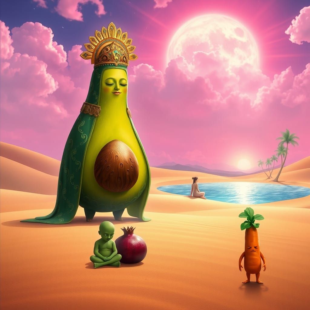 Surreal Desert Scene with Avocado King and Mysterious Oasis