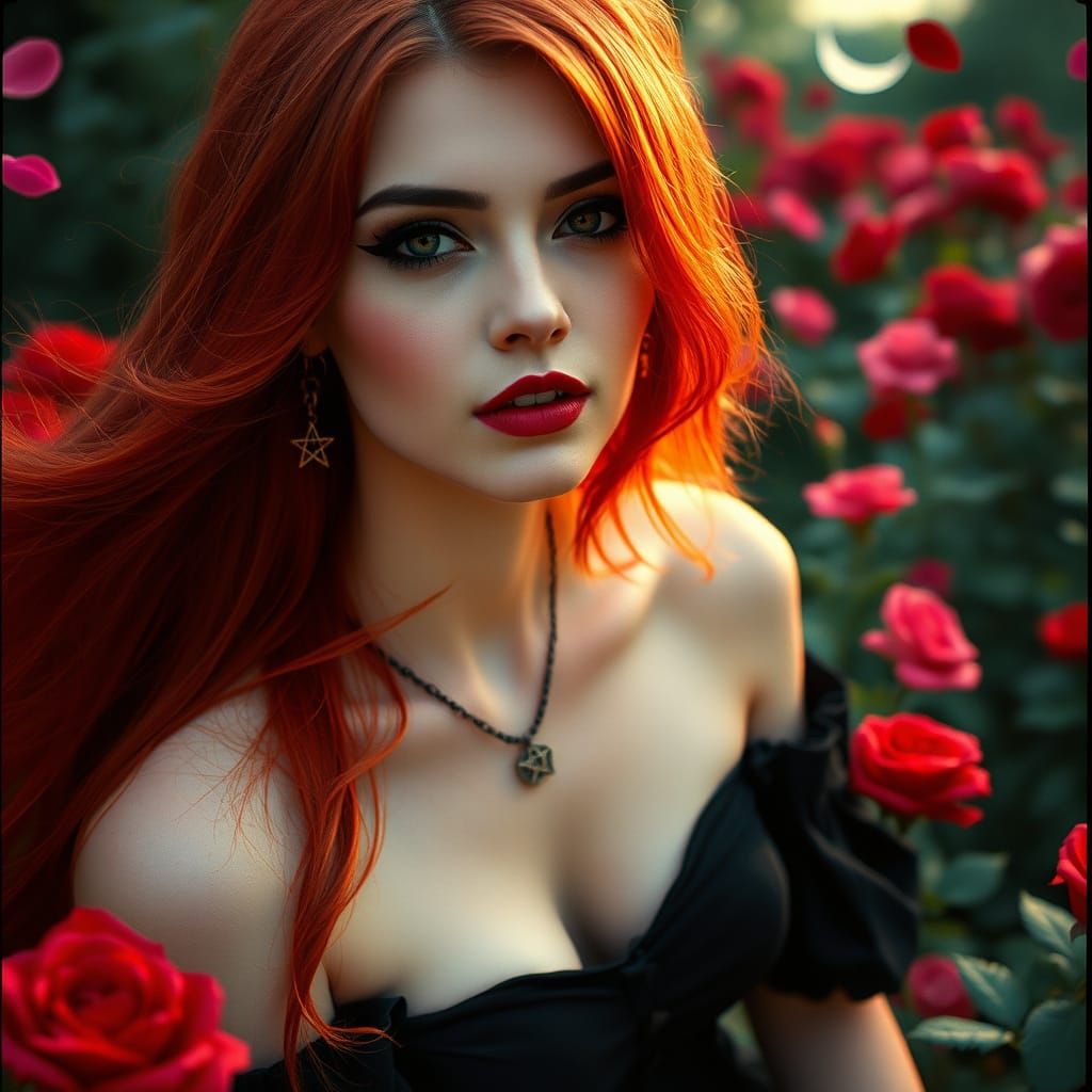 Goddess with Red Hair in Rose Garden