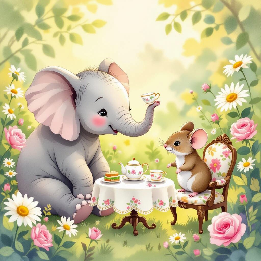 Elephant and Mouse Tea Party Watercolor Illustration