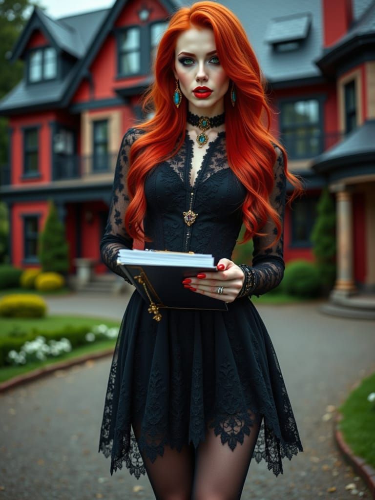 Vampiress in Gothic Dress Reads Clipboard