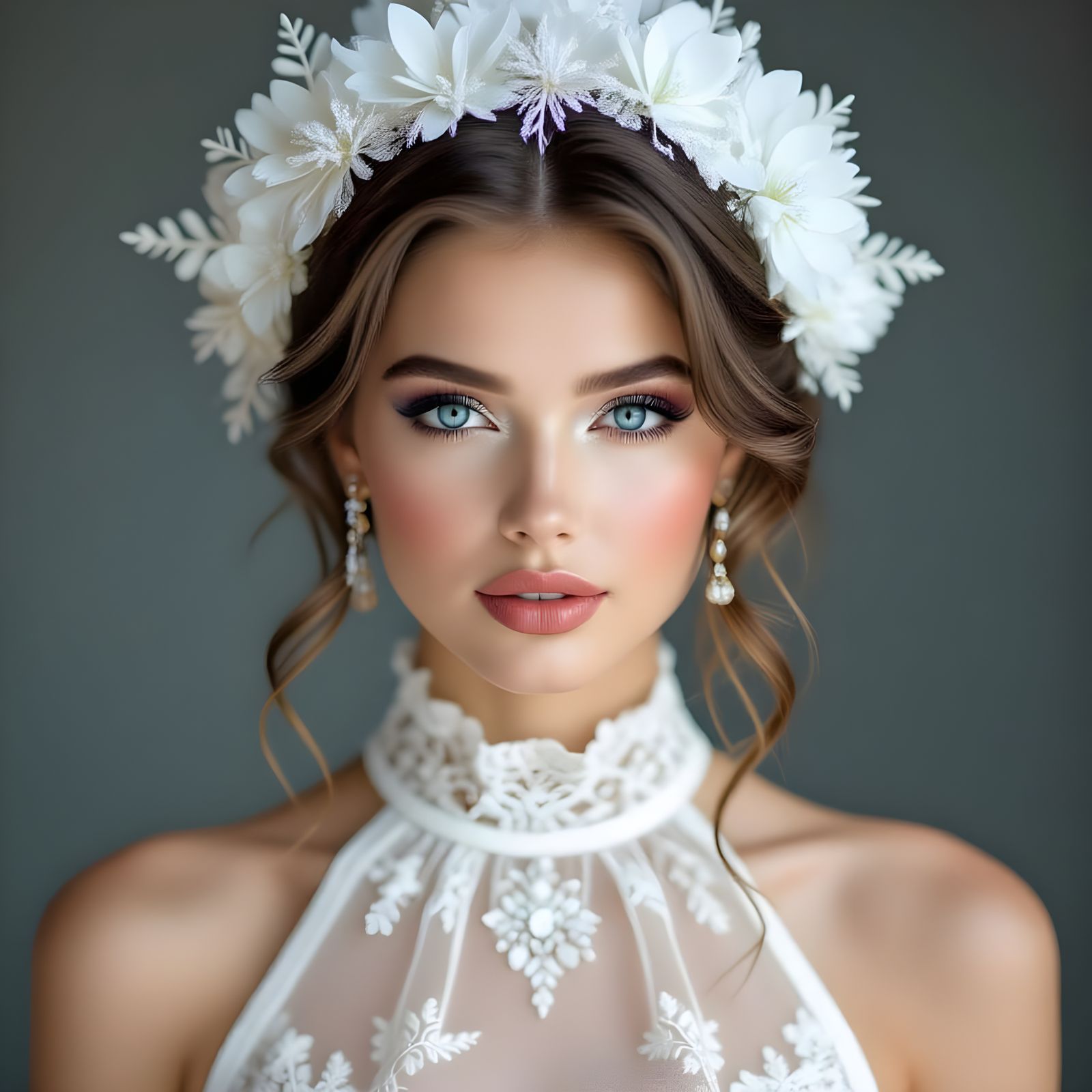 High Fashion Model Portrait with Blue Eyes and Floral Headpi...