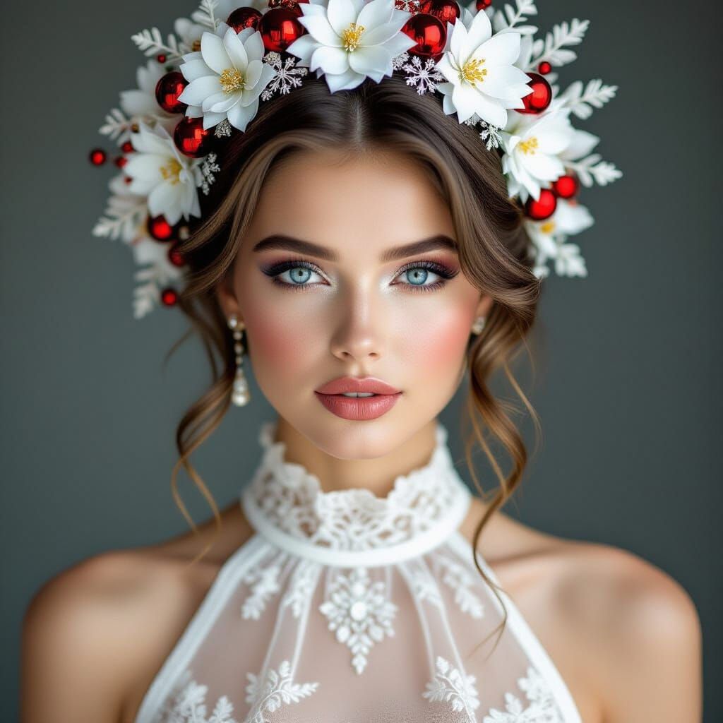 High Fashion Model Portrait with Blue Eyes and Floral Headdr...