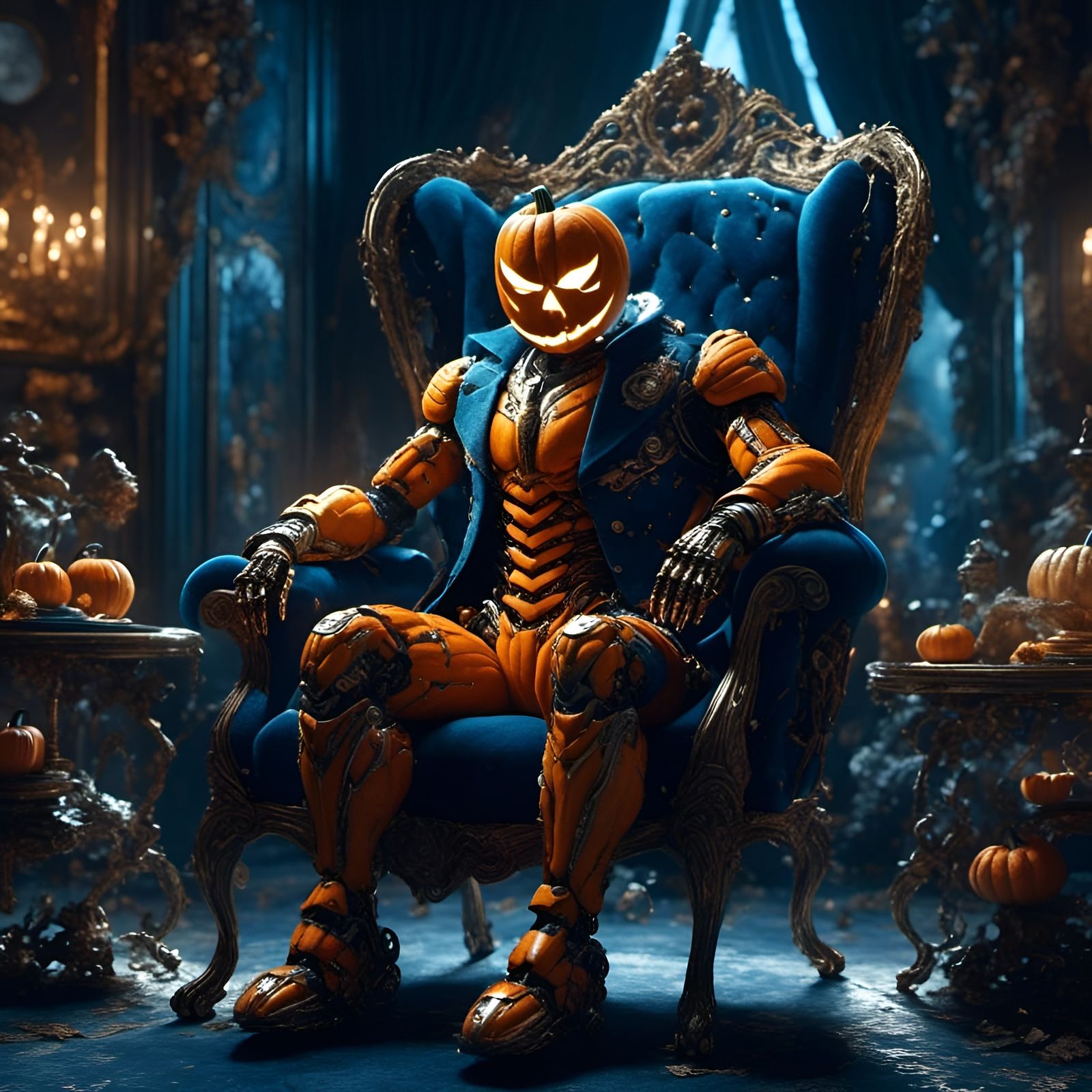 Pumpkin Robot in Gothic Room: Photorealistic AI Art