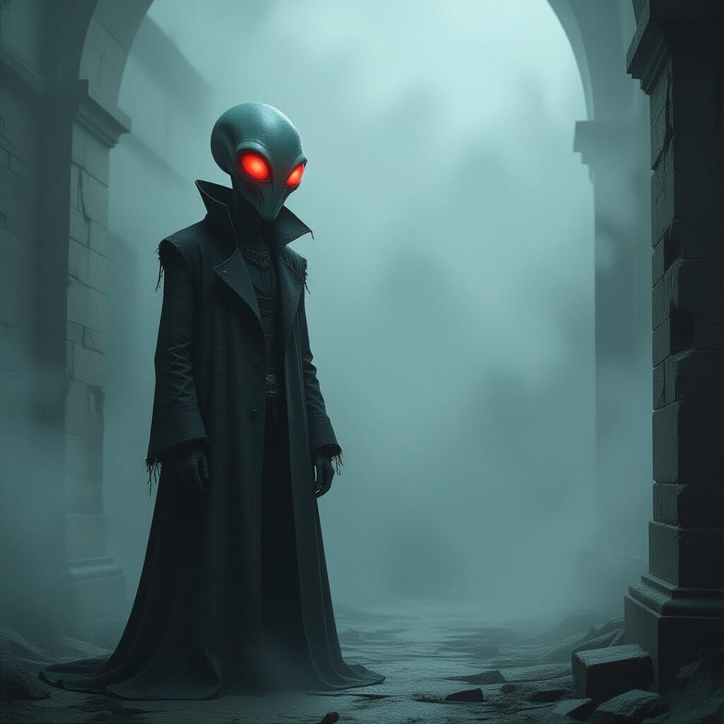 Alien Figure in Misty Room with Red Eyes