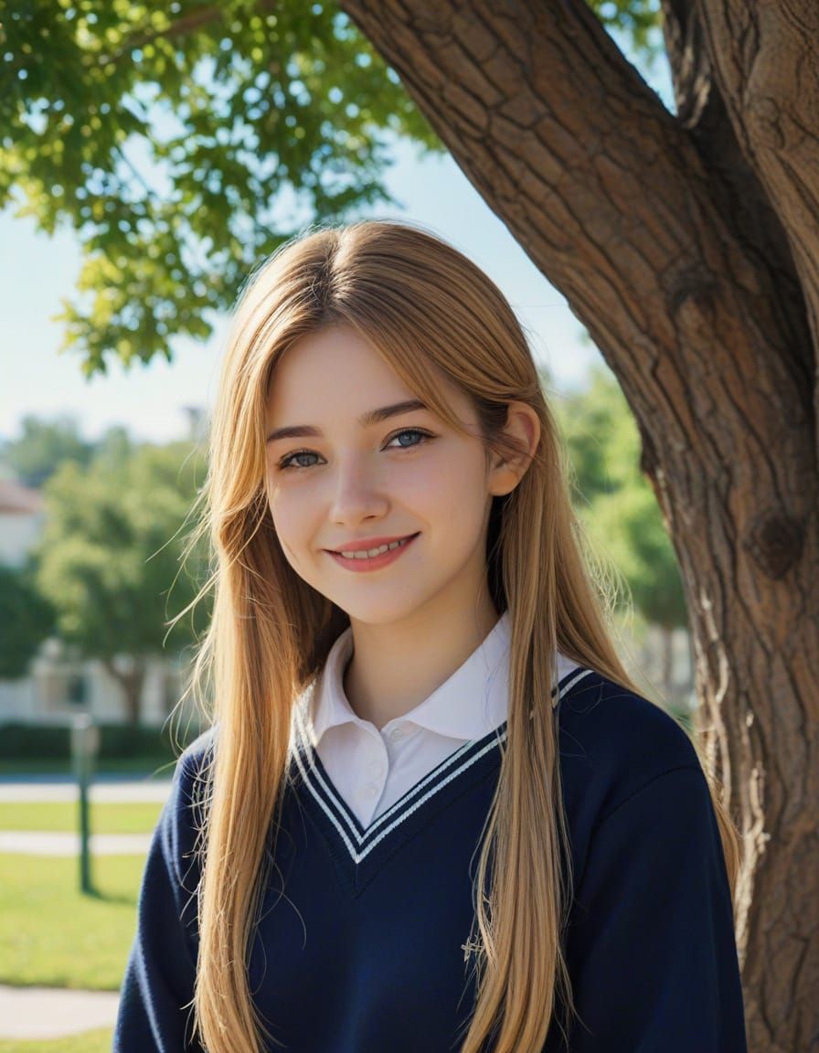 Teenage Girl in Catholic School Uniform Under Tree in Vibran...