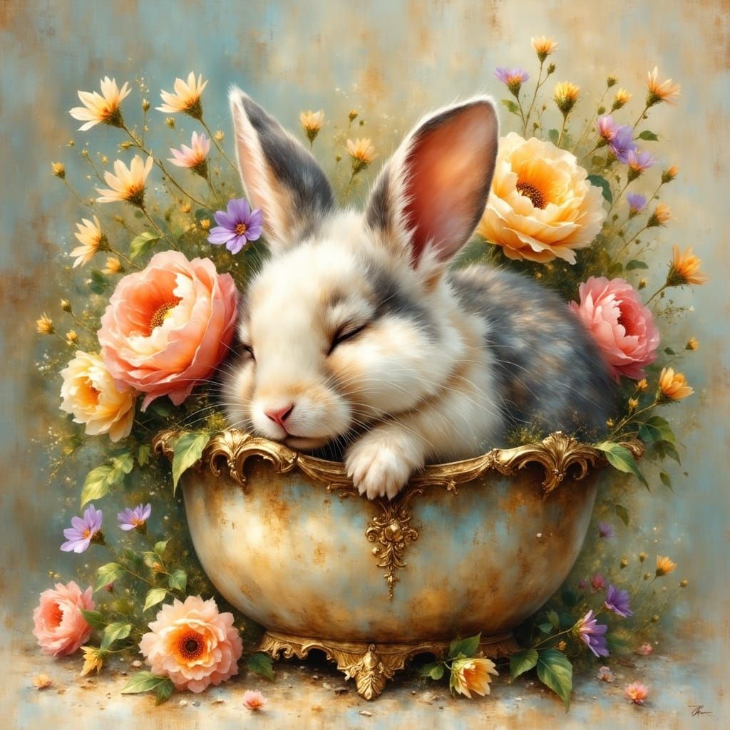 Whimsical Bunny in Antique Flower Pot