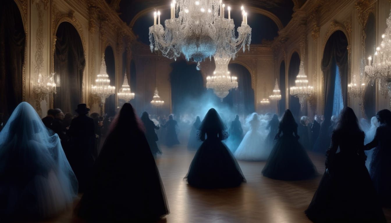 Haunting Gothic Ballroom Scene with Ghostly Dancers