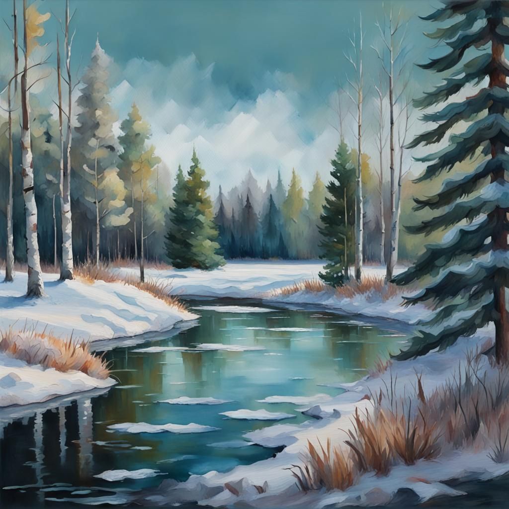 Frozen Pond in Gouache Watercolor Style