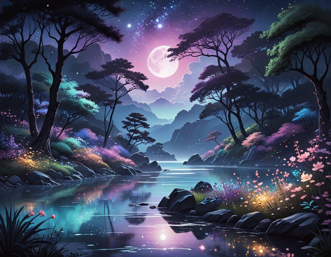 Mystical Beach Paradise Under Starry Night Sky