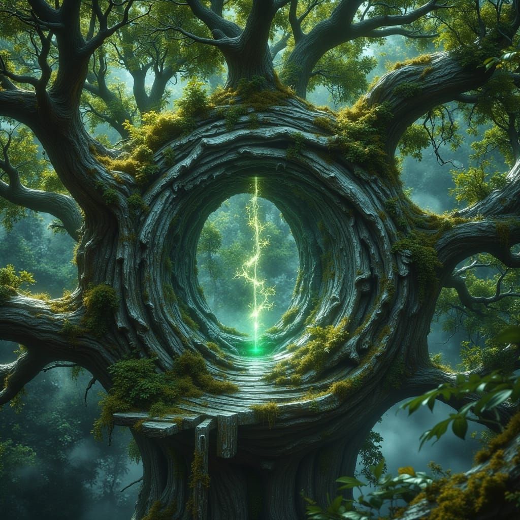 Mystical Treehouse Portal in Dark Oil Paint Style