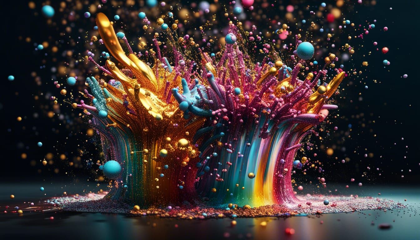 Colorful 3D Glitter Explosion with Water Reflection