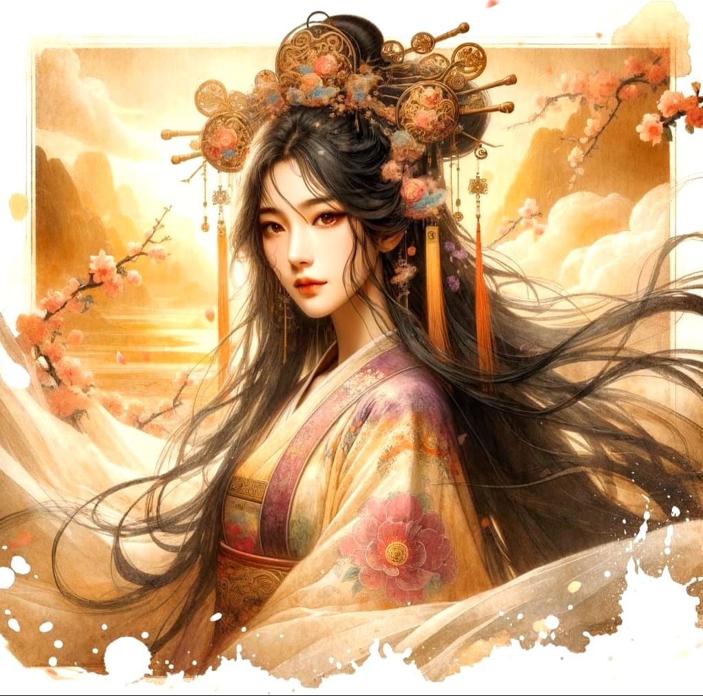 Chinese Princess in Plum and Gold Regalia, Serene in Waterco...