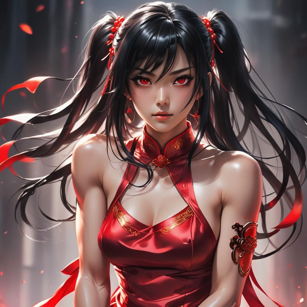 Anime Woman in Red Dress with Ruby Jewels