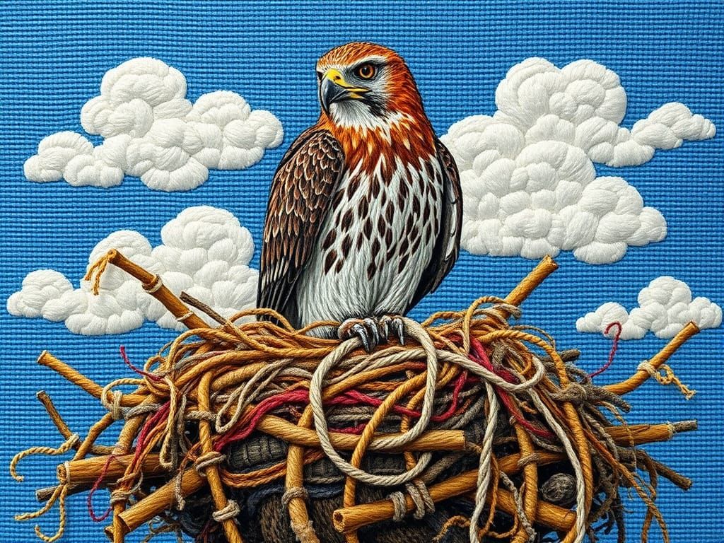 Embroidered Needlepoint Hawk with Tangled Nest
