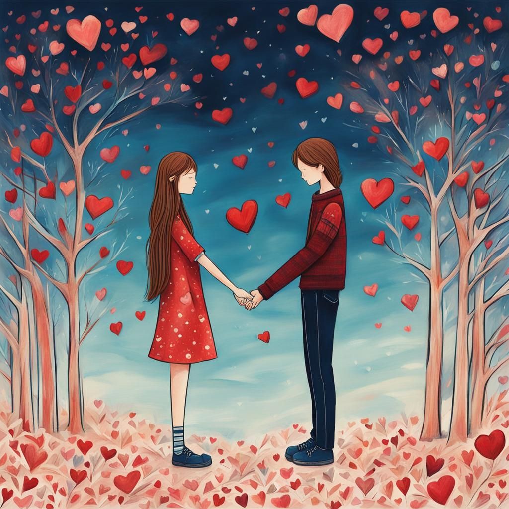 Romantic Couple Embracing in a Dreamlike Landscape