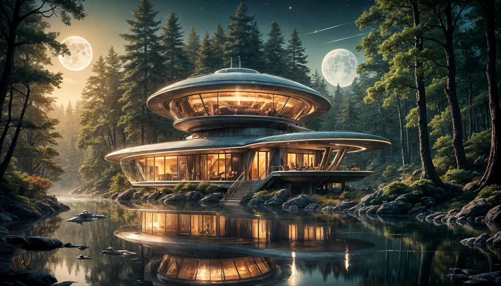 ultra modern house in a forest by a river, early even...