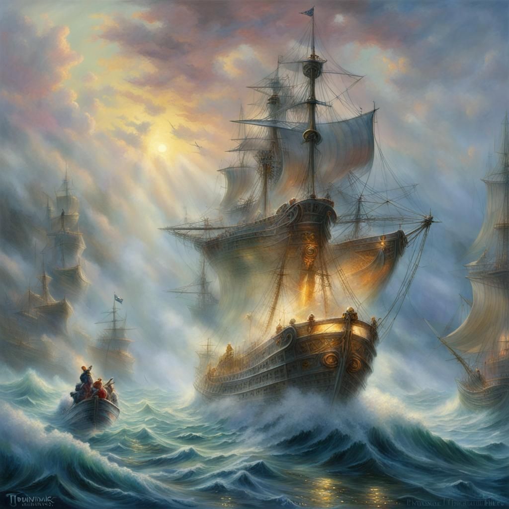 Knights Duel on Ghost Ship in Ethereal Fantasy Style
