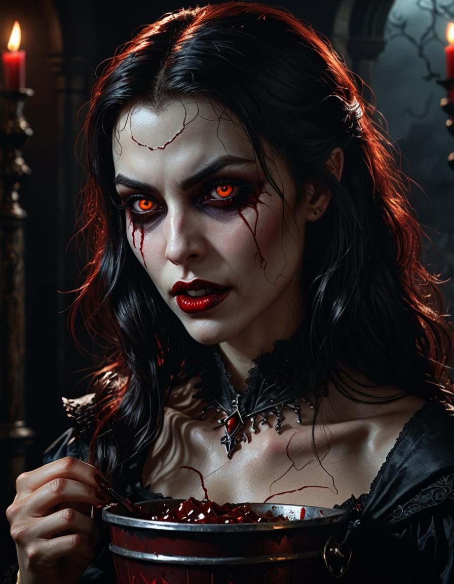 Beautiful Vampire Drinking Blood in 3D Digital Art