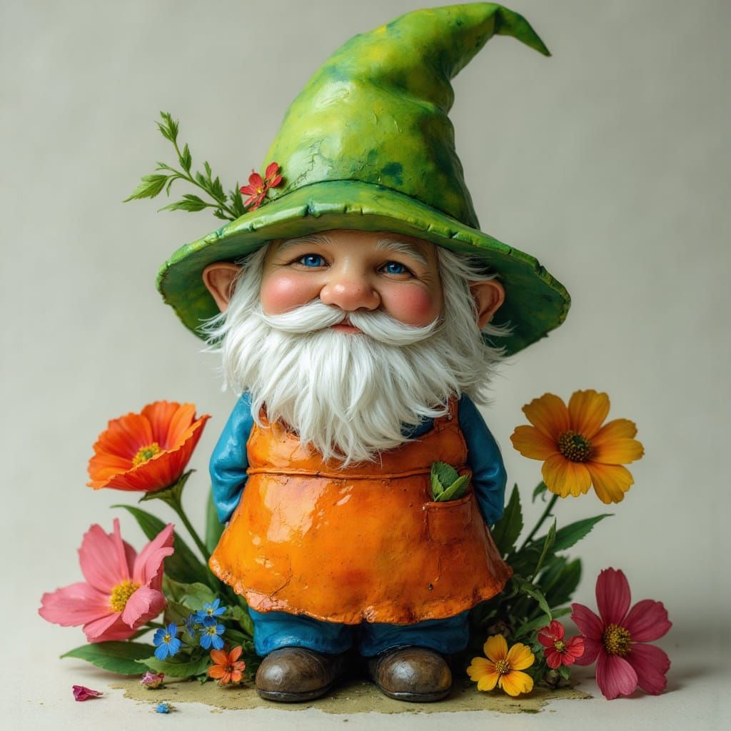 Colorful Clay Chibi Garden Gnome with Flowers