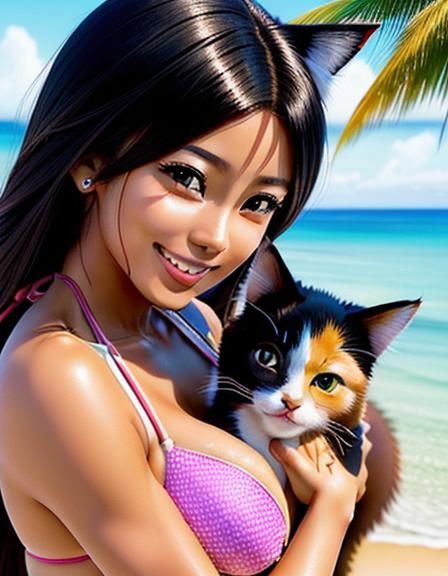Beautiful Woman with Cat on Beach in Digital Art