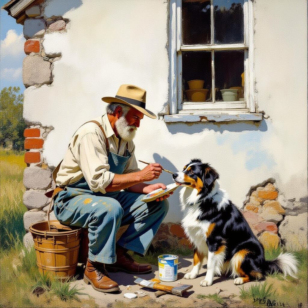 Old Painter Repaints Stone House with Dog, Realist Style