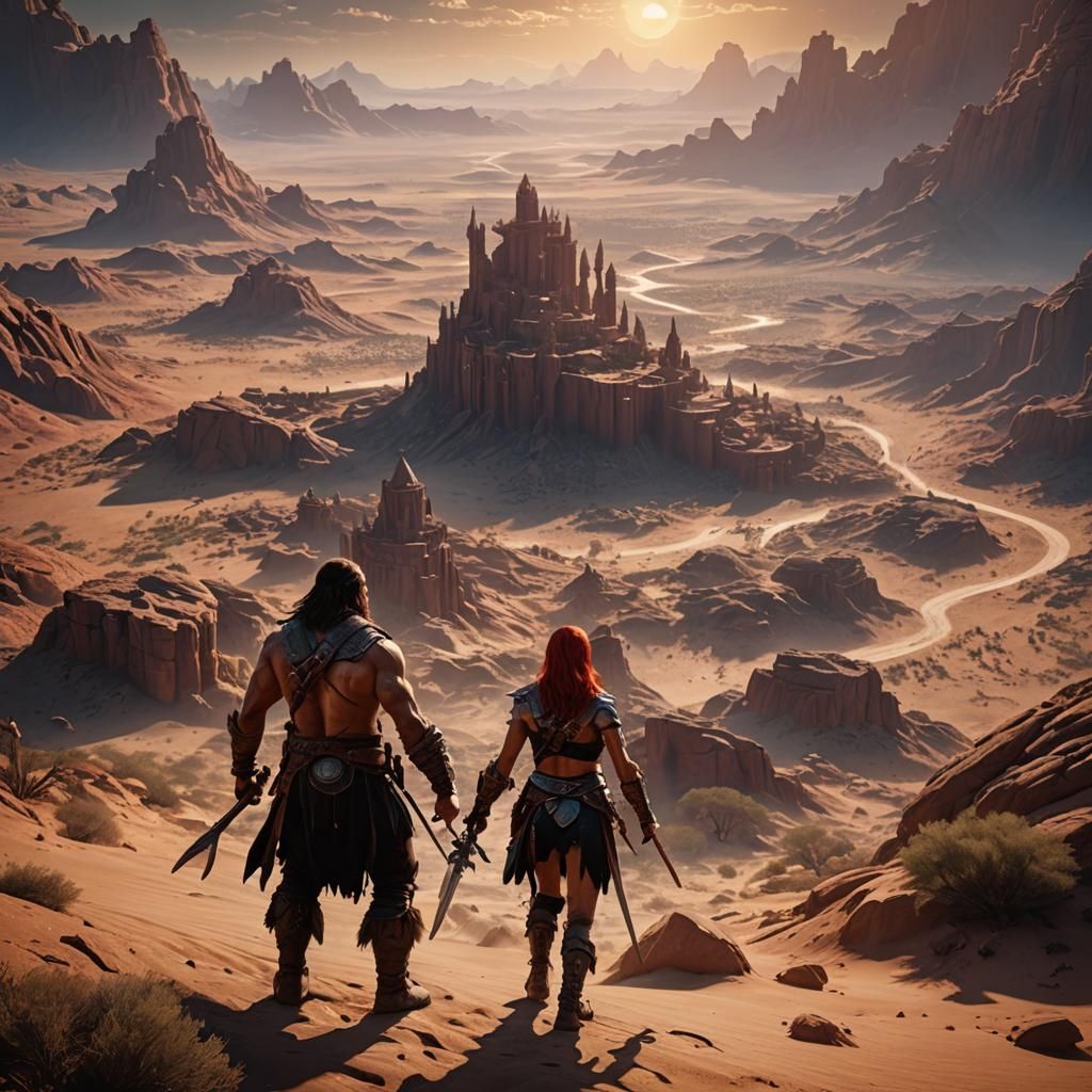 Conan and Red Sonja in Desert Landscape