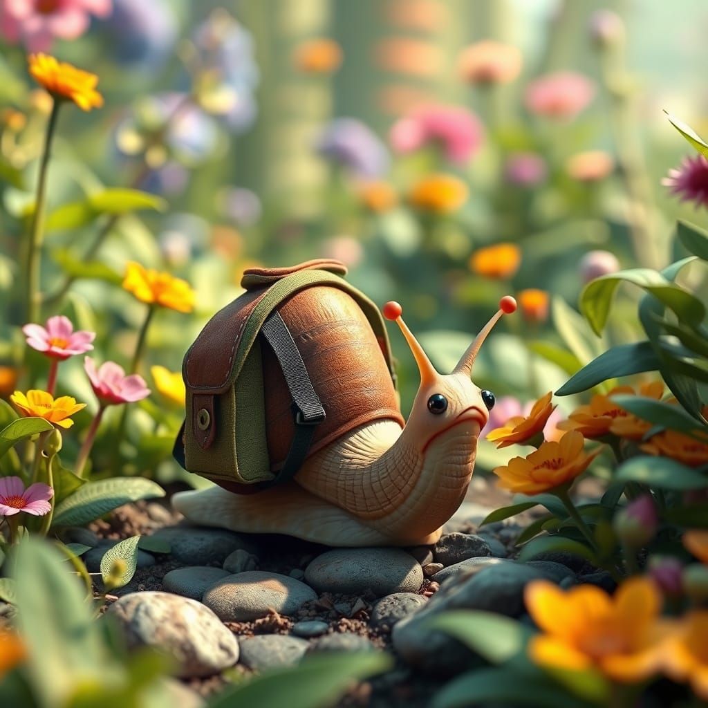 Curious Snail Exploring Lush Garden: Pixar Style