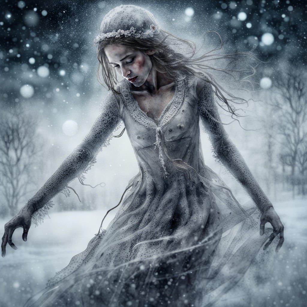 Ethereal Snow Girl Dancing: Watercolor Art
