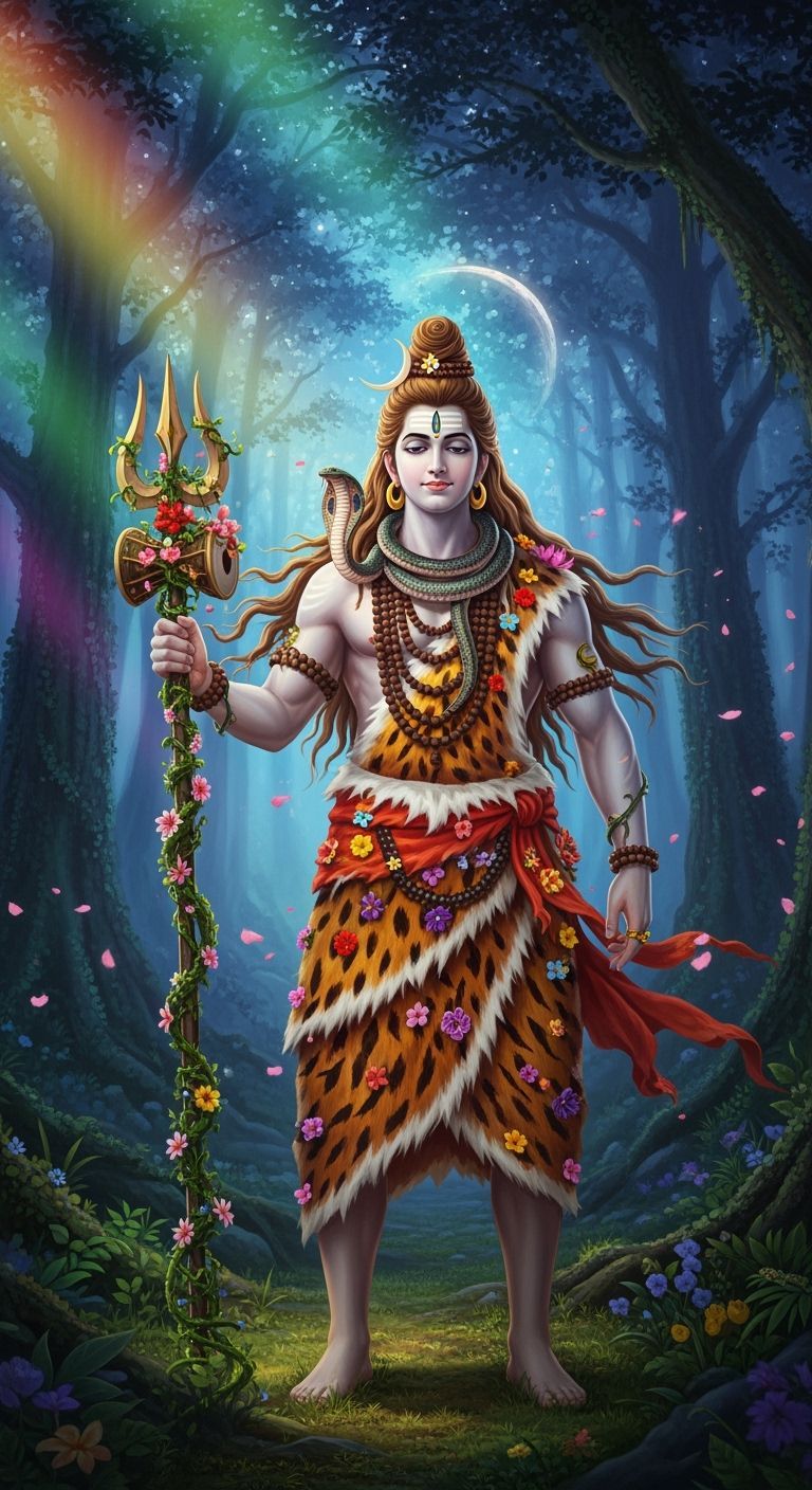 Lord Shiva in Rainbow Night Forest, Hyperrealistic Art