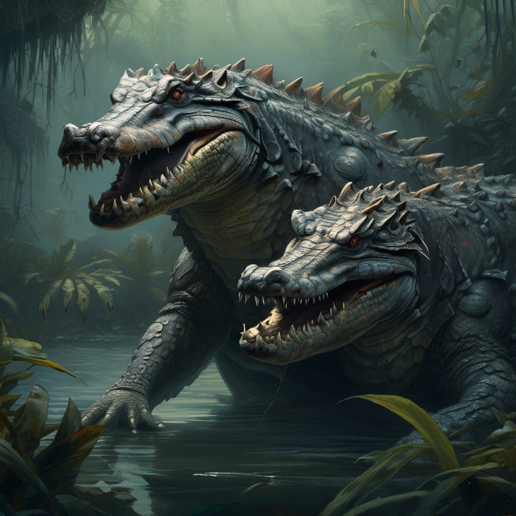 Crocodiles Biting in Gloomy Swamp, Hyperrealistic Art