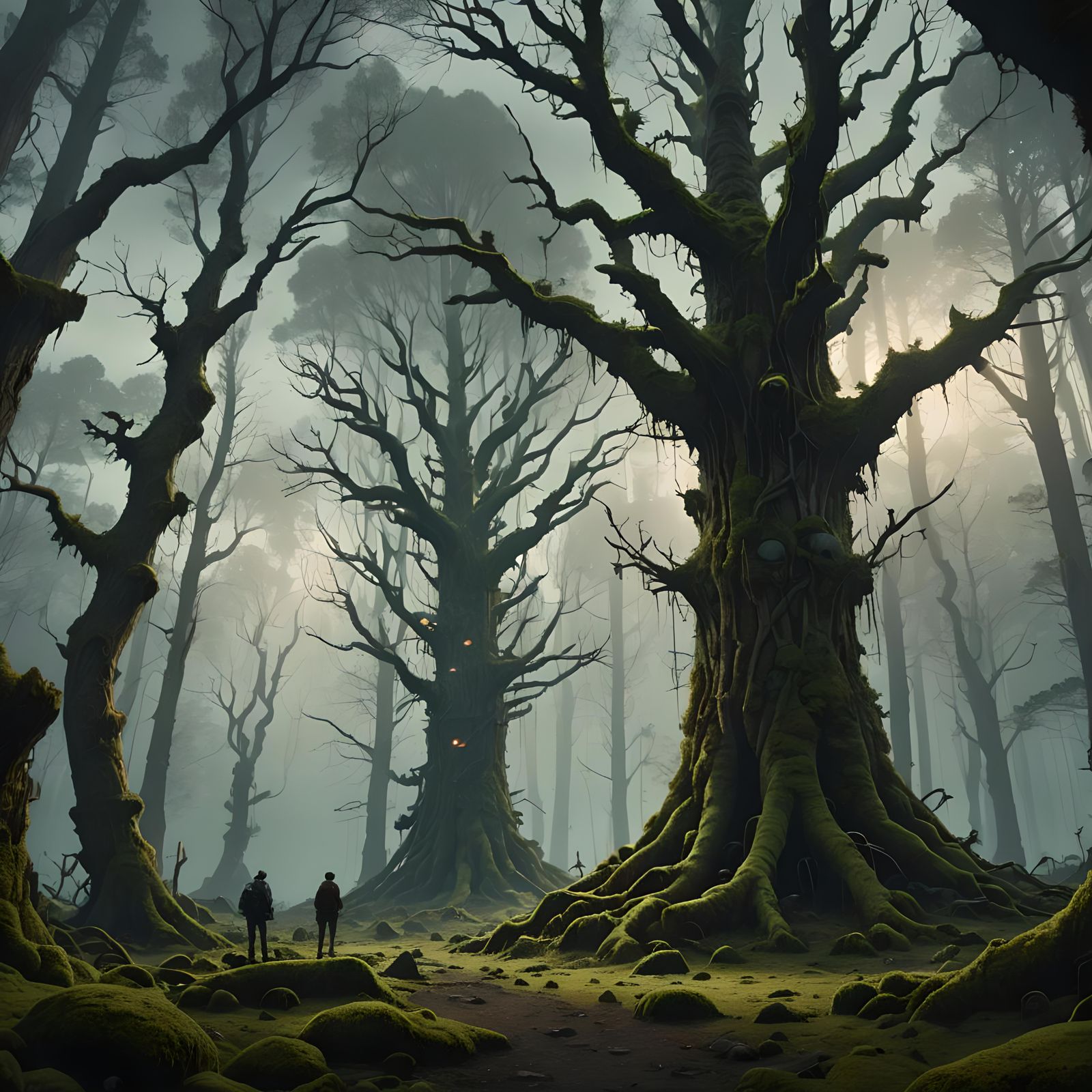 Eerie Forest Scene with Glowing Fungi and Wisps
