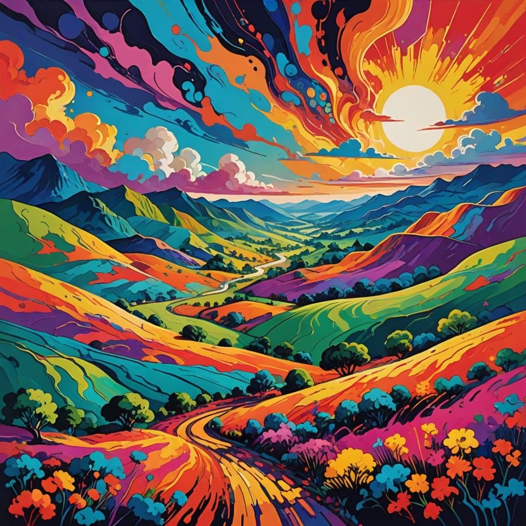 Vibrant Psychedelic Landscape Art with Rolling Hills