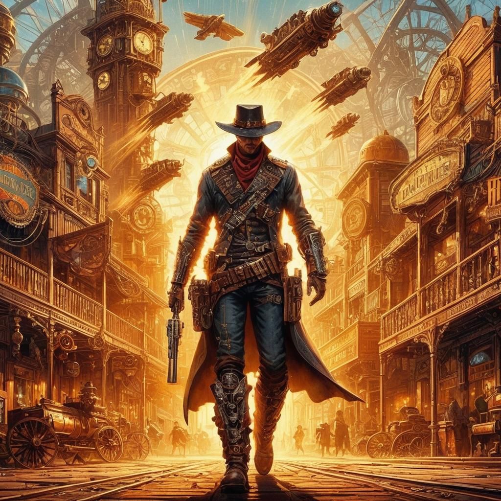 Steampunk Cowboy in Victorian Old West City