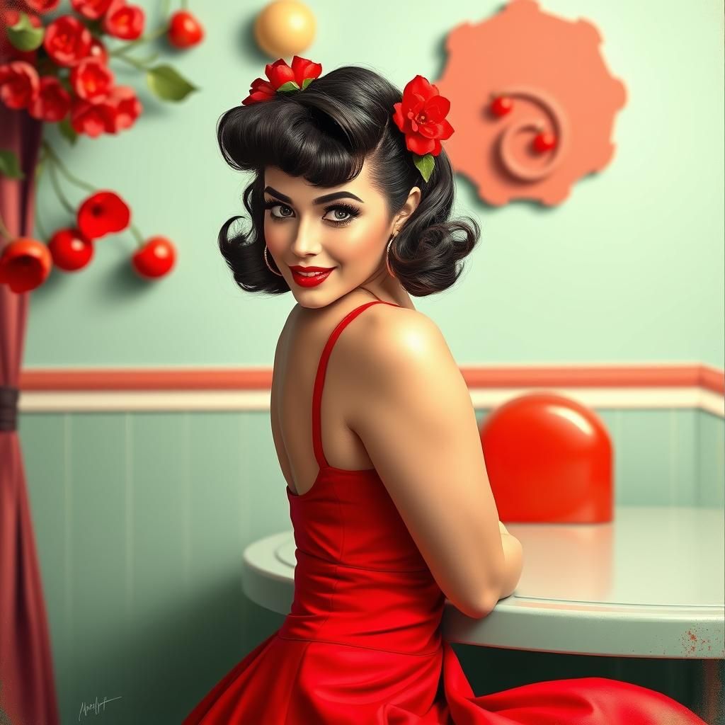 Cherry Red Pinup Girl in 1950s Style
