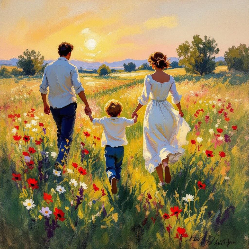 Impressionistic Sunrise: Boy Runs Through Flower Field