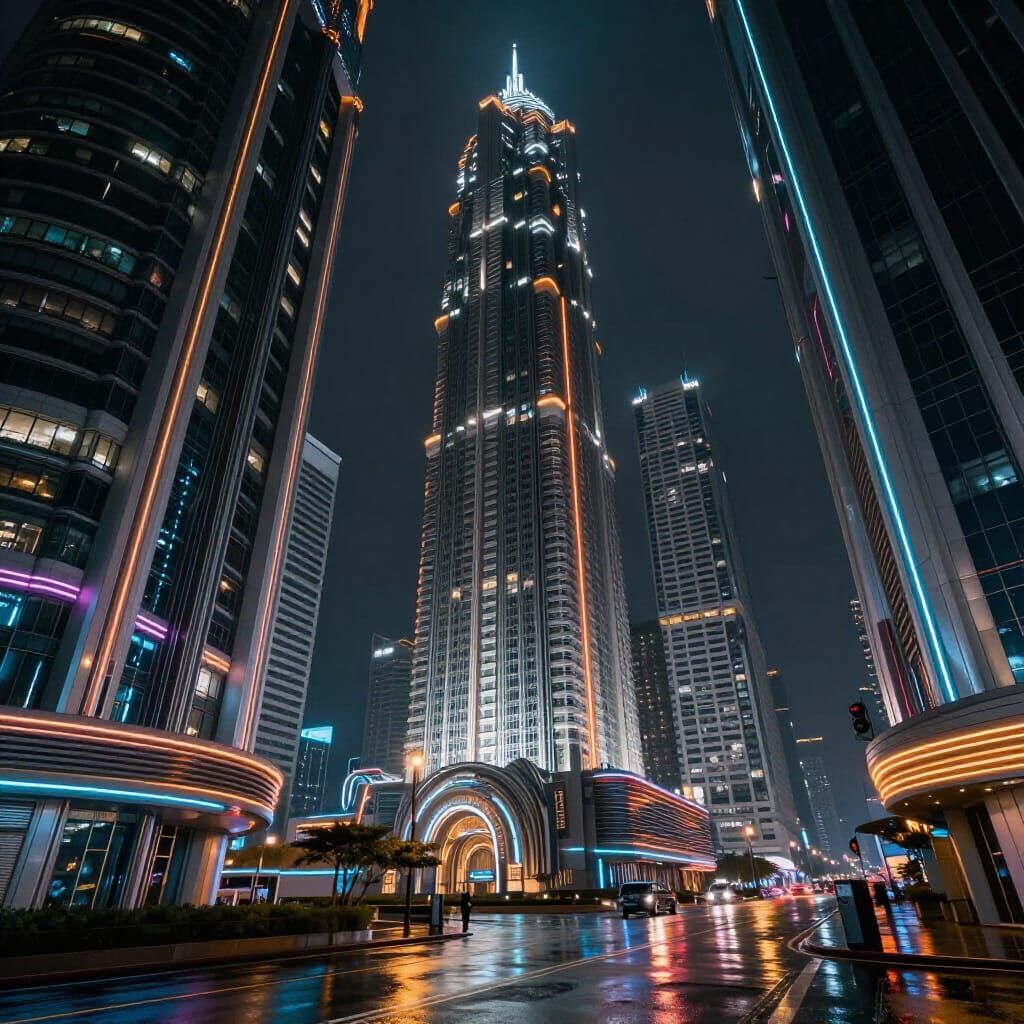 Futuristic Cityscape with Neon Skyscrapers in Blade Runner S...