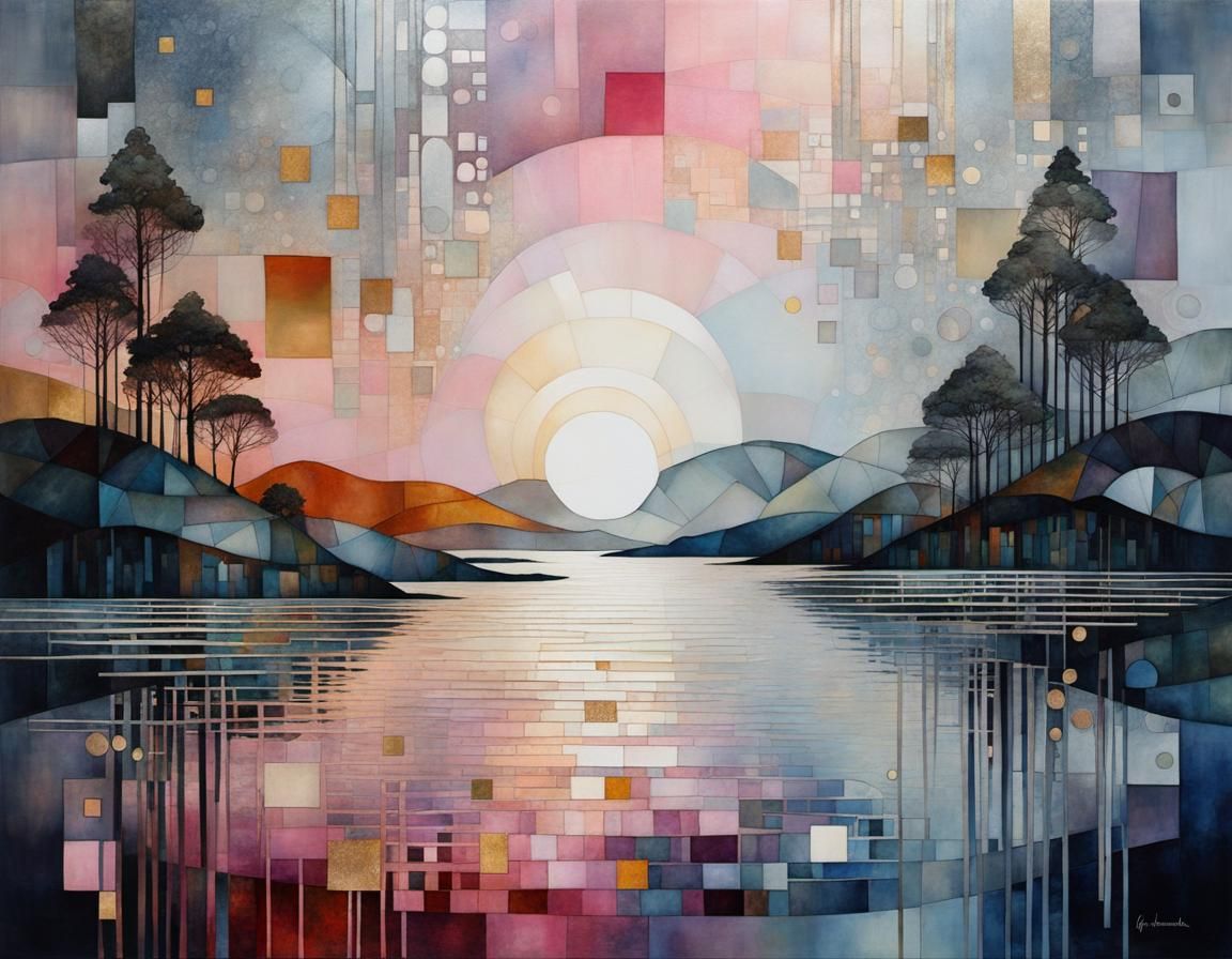 Twilight Shore in Gustav Klimt Inspired Geometric Style