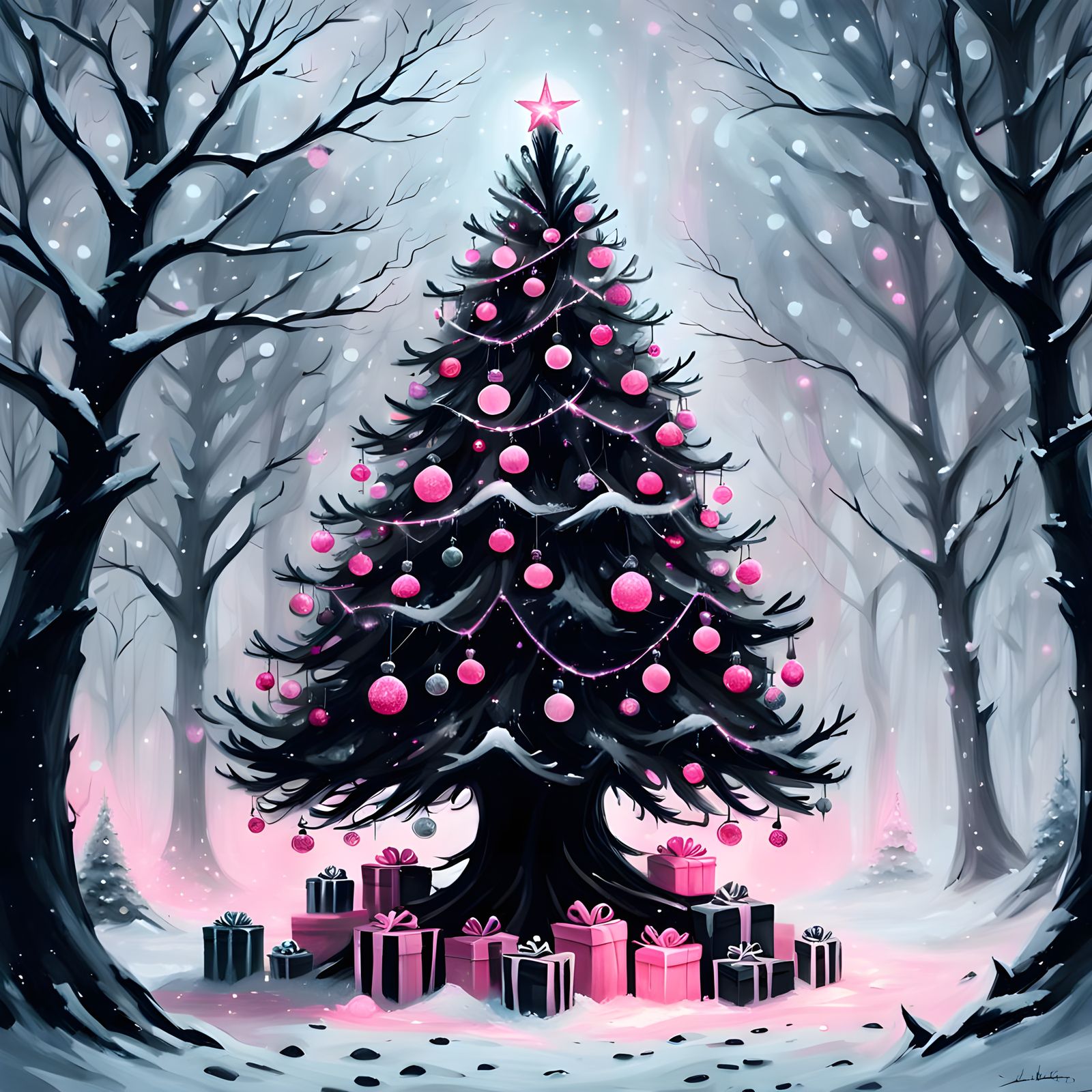 Mysterious Christmas Tree in a Dark, Whimsical Snowy Forest