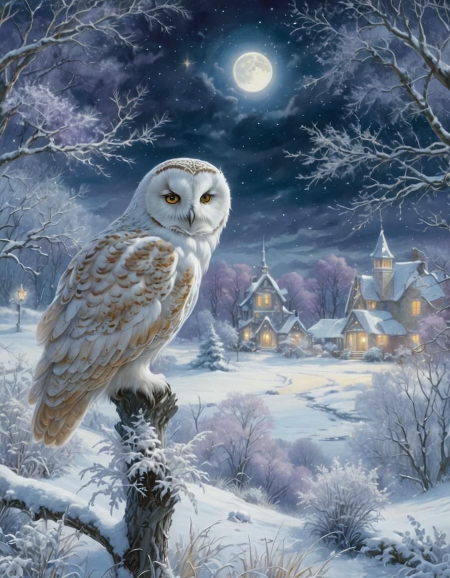 Snowy Owl Winter Landscape in Fantasy Style
