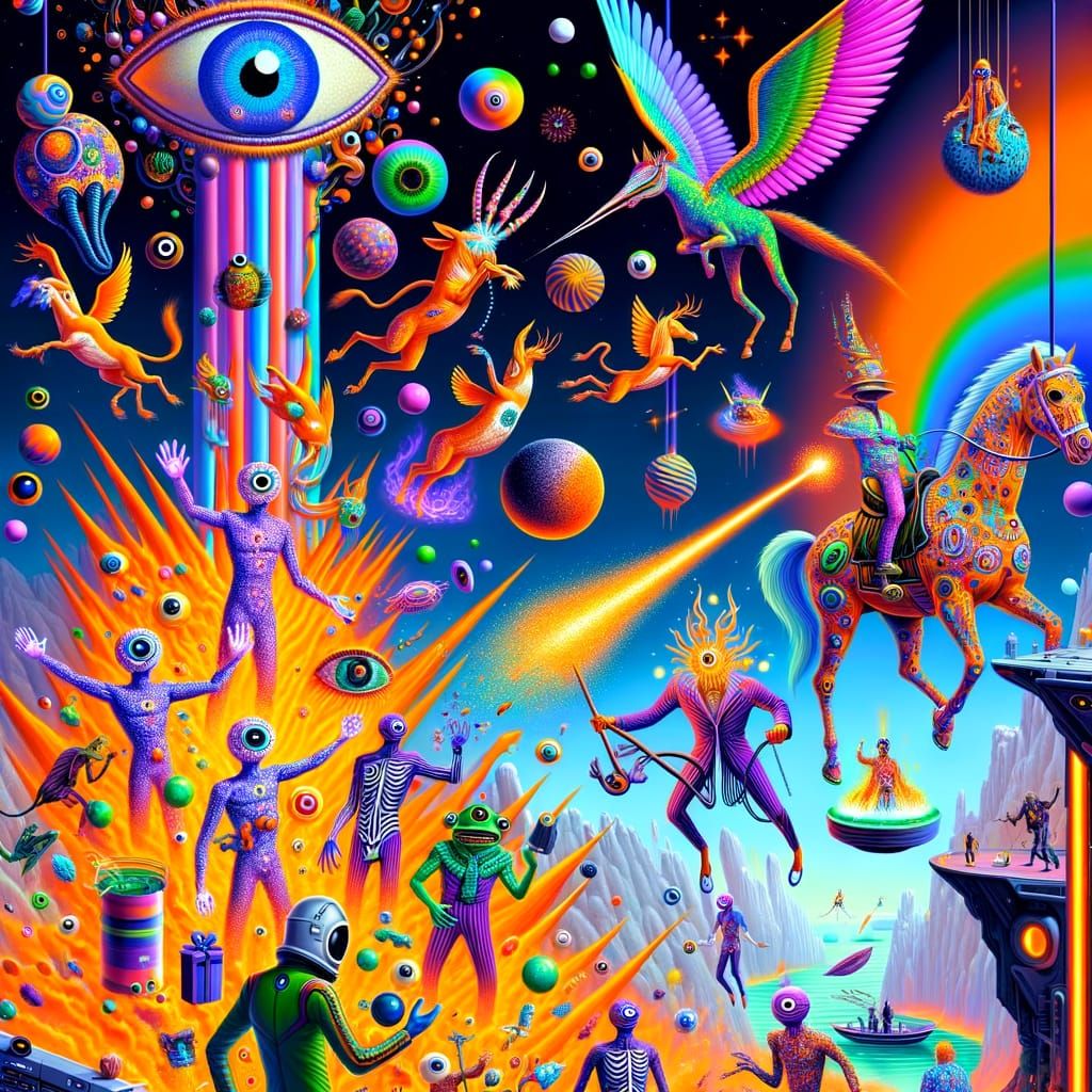 Vivid Neon Dreamscape with Humanoids and Frogs