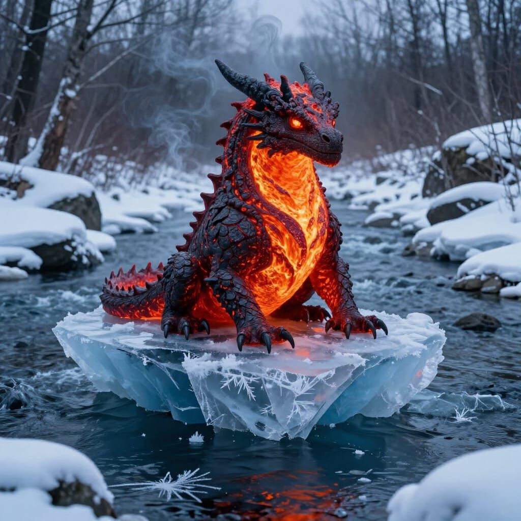 Lava Dragon on Ice in Winter River Landscape