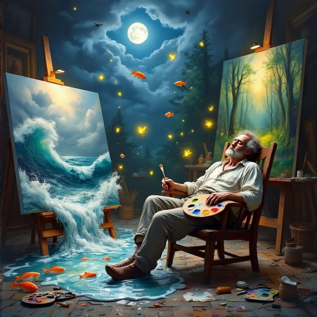 Surreal Art Studio Dream at Night