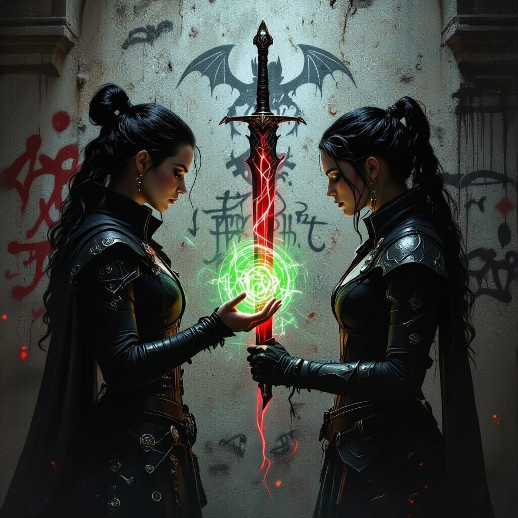 Fantasy Sorceresses Connect Power Through Mystical Wall Rune...